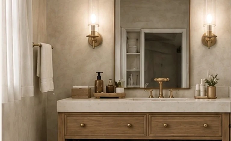 The finished bath: white oak vanity, limewashed walls, brass sconces