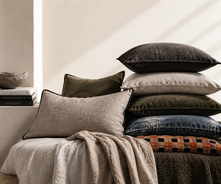 Stacked cushions in textured weaves — charcoal, bone, olive, indigo and a checked band