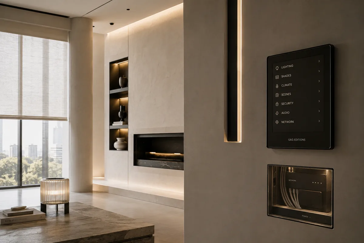 A wall-mounted G&G Editions control panel &mdash; lighting, shades, climate, scenes, security, audio and network &mdash; beside a recessed equipment niche in a warm plaster interior