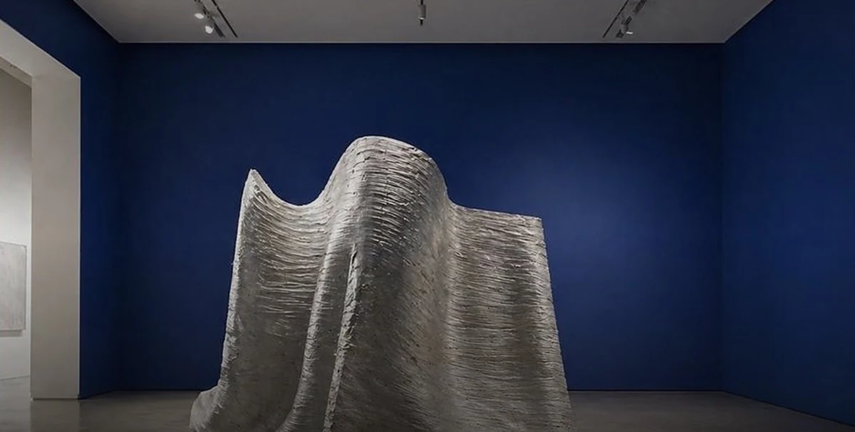 The Blue Room, a small gallery in deep ocean blue holding a single plaster installation