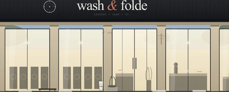 The proposed Wash & Folde elevation: one dark fascia over full-height glazing