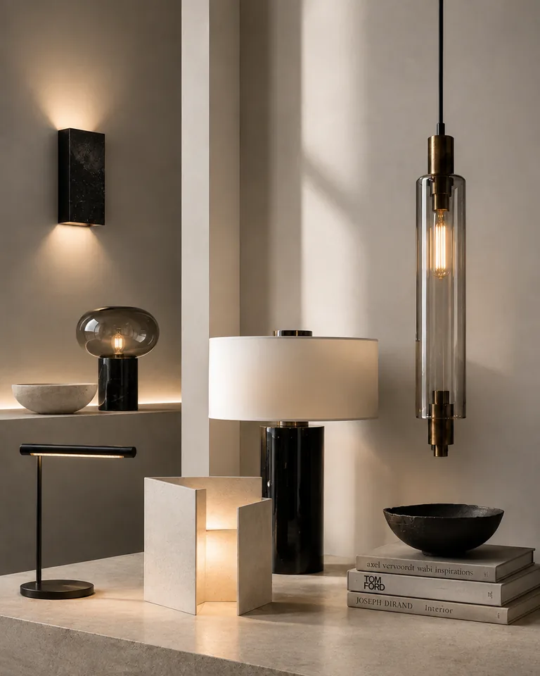 A family of lights — marble sconce, stone table lamps and a tubular glass pendant
