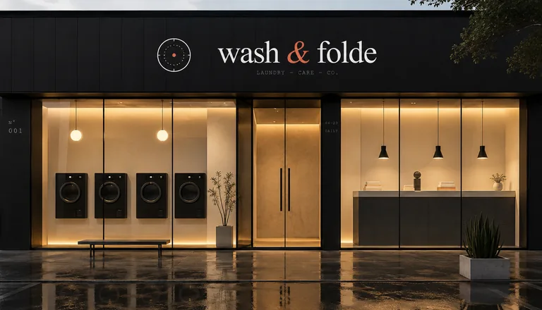 Wash & Folde storefront at dusk &mdash; illuminated sign, glazed facade and folding counter