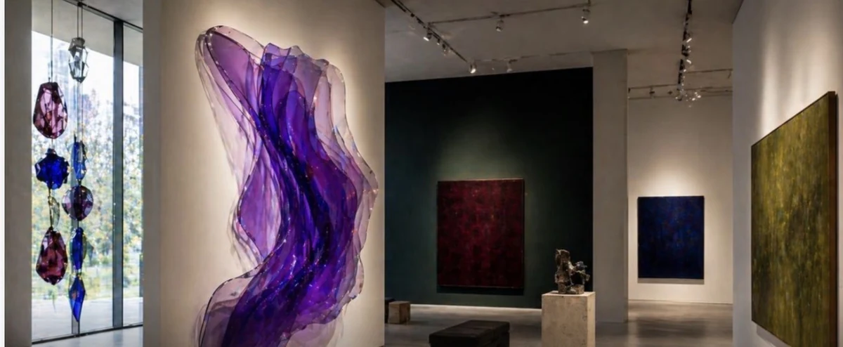 Orbit conceptual gallery with translucent purple sculptural installation