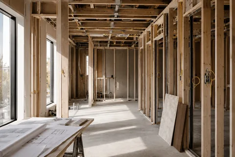 Framed interior mid-construction with drawings on a sawhorse table and stone samples against the studs
