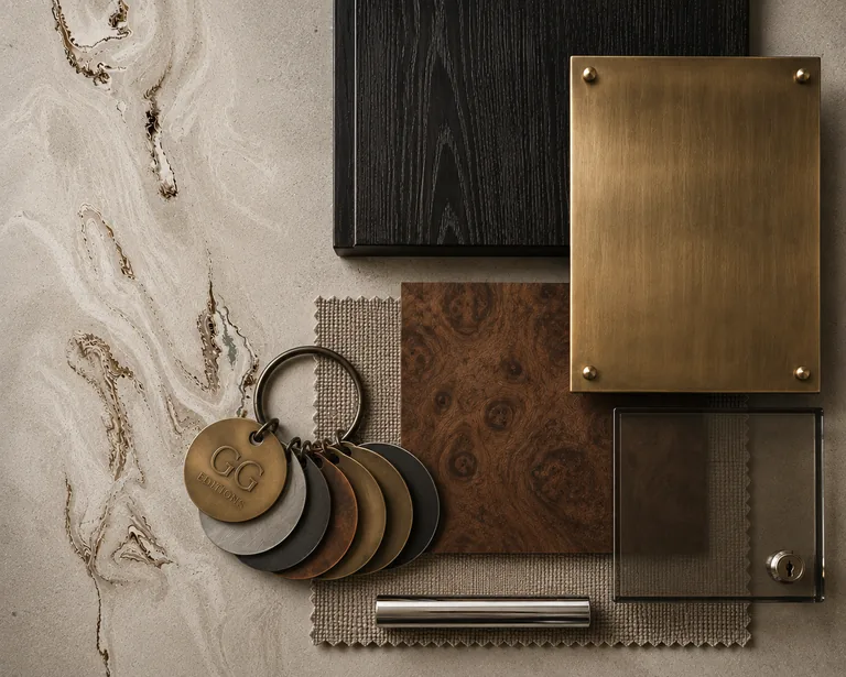 Material flat-lay — blackened oak, aged brass plate, burl, linen and G&G Editions finish tags