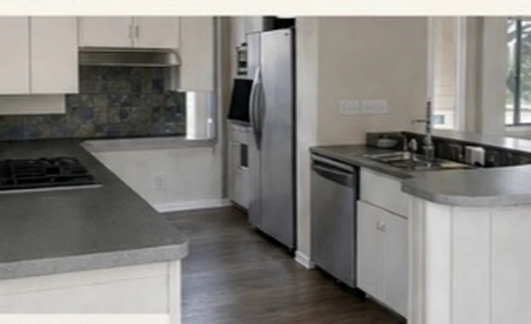 The Cobblestone kitchen as found, with tile backsplash and laminate counters