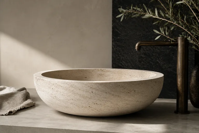 A travertine basin on a stone counter with a patinated bronze tap against split plaster and black stone