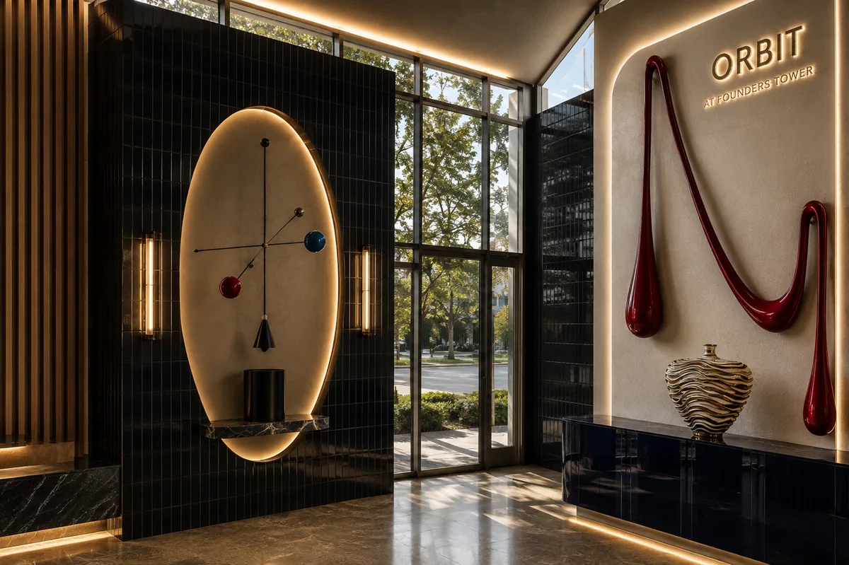 Backlit oval niche and halo-lit signage — lighting designed into the architecture at Orbit