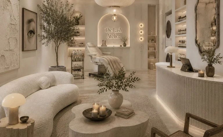 The reception room: curved bouclé seating, plaster arch, olive tree and open product shelving