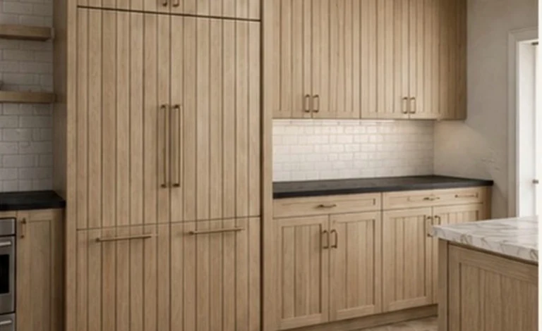 White oak pantry cabinetry with an integrated appliance garage