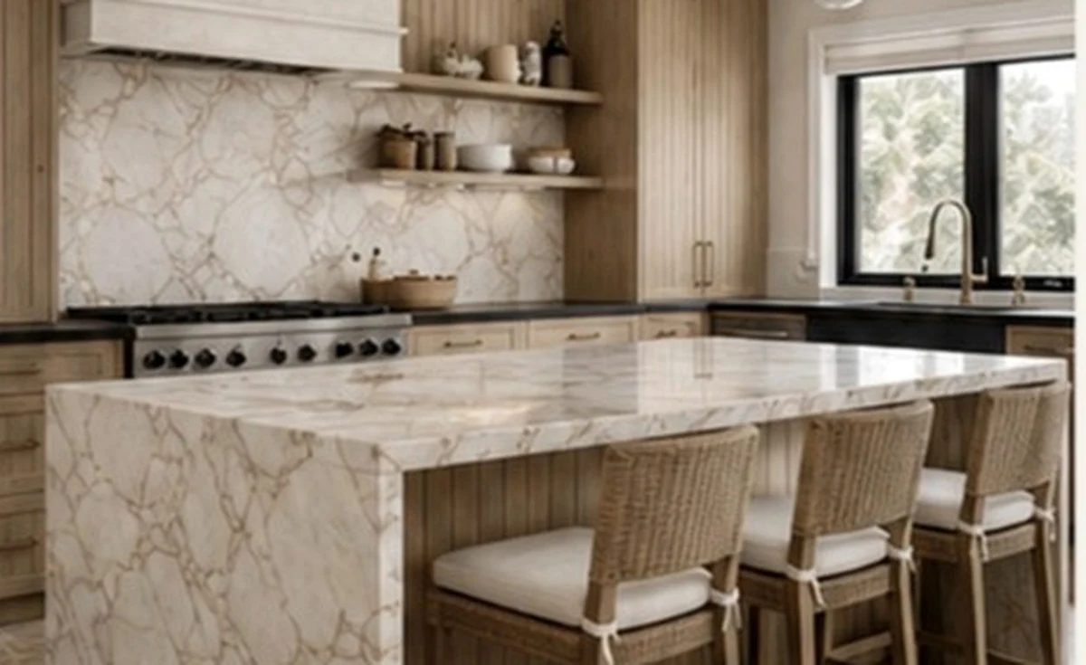 The finished Ridge kitchen: quartzite waterfall island, plaster hood, white oak cabinetry