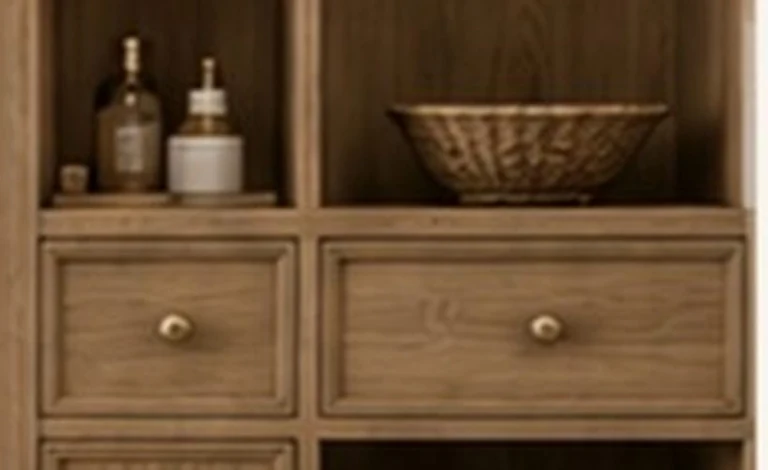 White oak linen tower with brass knobs