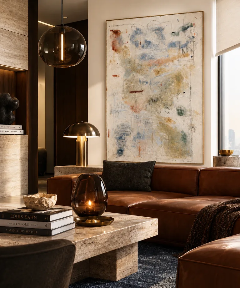 Cognac leather seating, fossil-stone table and smoked glass lamp in a warm lounge
