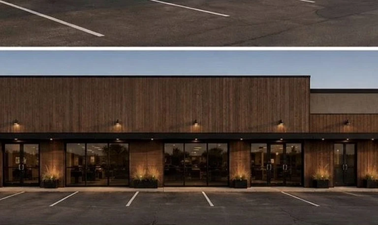The front elevation, pendants and planters on a regular bay rhythm