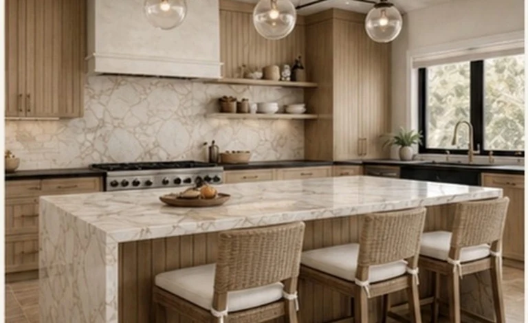 The same room rebuilt in white oak around a quartzite island