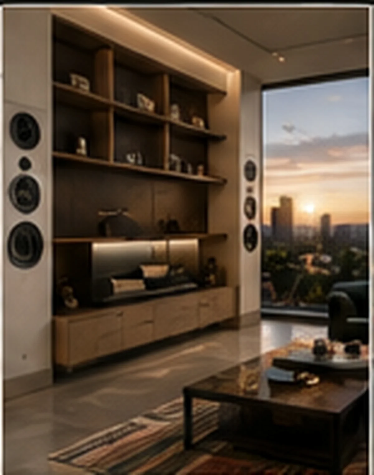 A completed Gray & Grace room — walnut media wall, integrated audio and city outlook