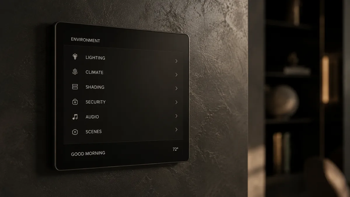 A wall-mounted G&G Editions environment panel — lighting, climate, shading, security, audio and scenes