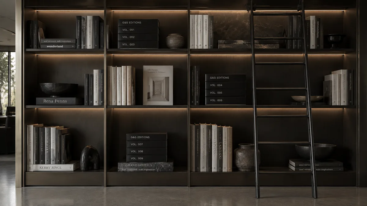 The Library — bound G&G Editions volumes, reference books and material studies on lit bronze shelving