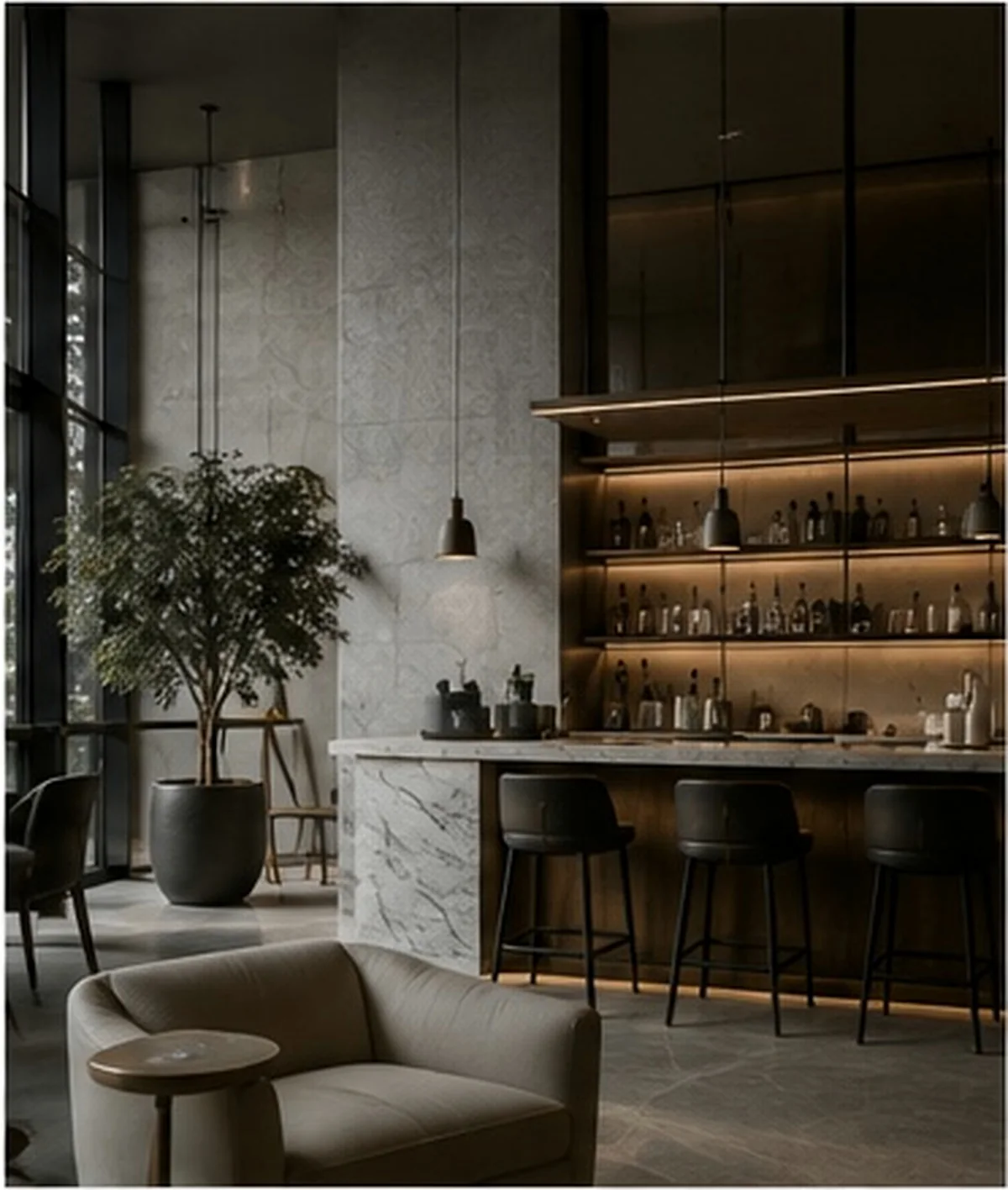 A finished commercial interior &mdash; durable materials, resolved detailing