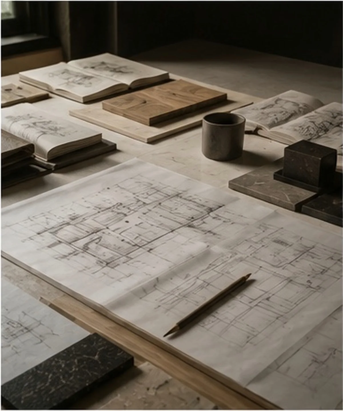 A hand-drawn plan and material references laid out on the studio table