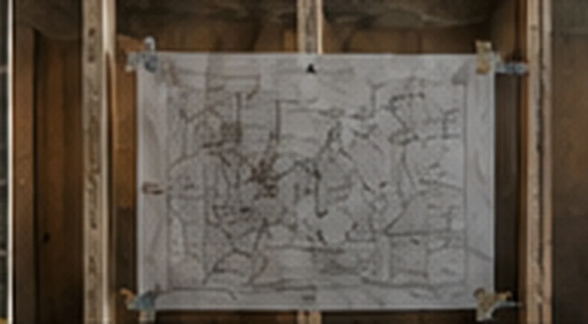 A working drawing taped to open framing