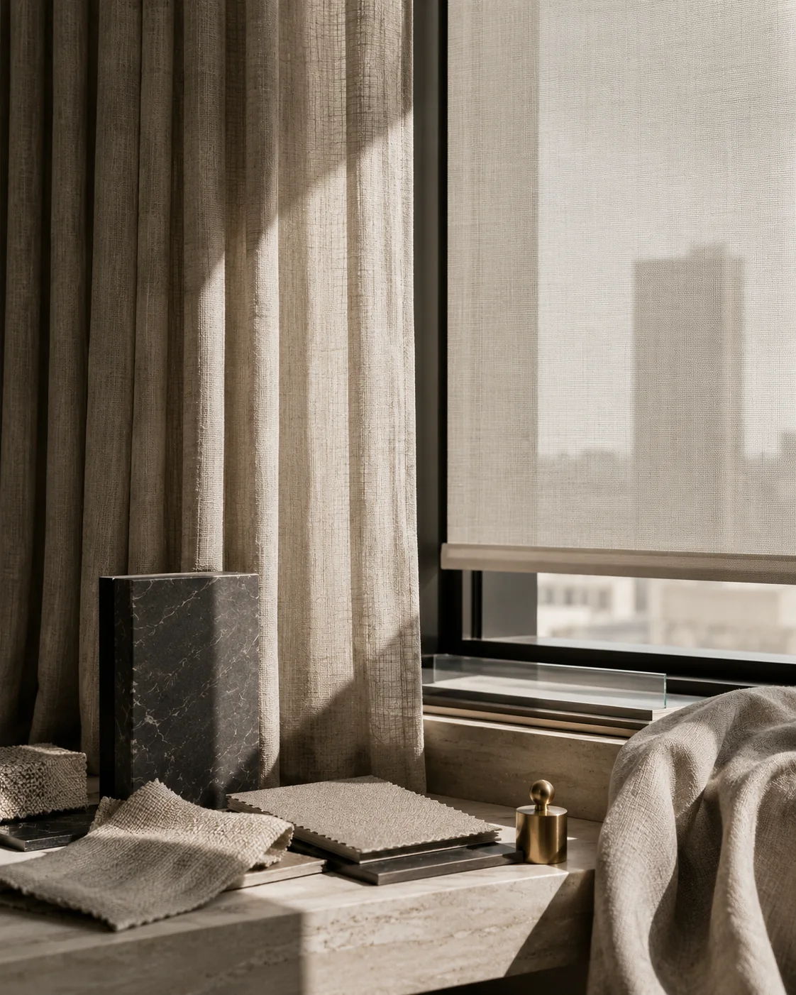 A roller shade at the window with fabric memos laid on the travertine sill