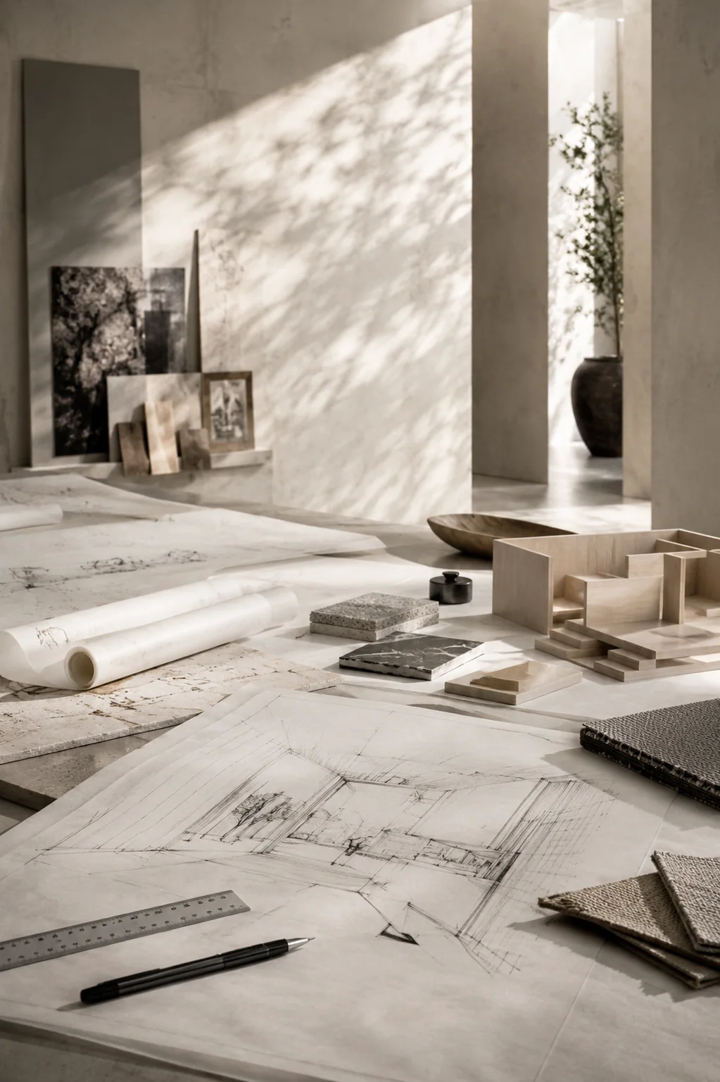 Drawings, a study model and stacked textile samples on the studio floor